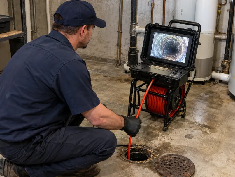 Técnico revisando el interior de una tubería con una cámara de inspección